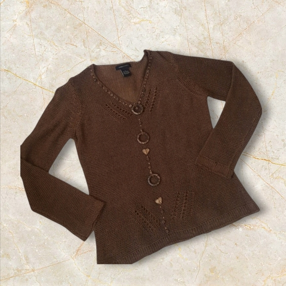 BCBGMaxAzria Boho Brown Crochet Open Knit Pullover Top V-neck Sweater Wood - Picture 1 of 10